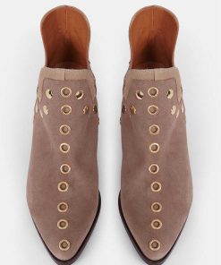 Calzadocalzado MICUIR Botines De Tacon | Punky Boots Ante Beige Con Tacon Tachas Oro 7Cm